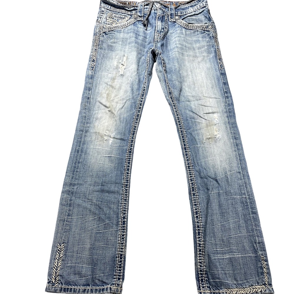 Rock Revival Joseph Slim Straight Jeans Mens 31x31 Blue Light Wash Distressed